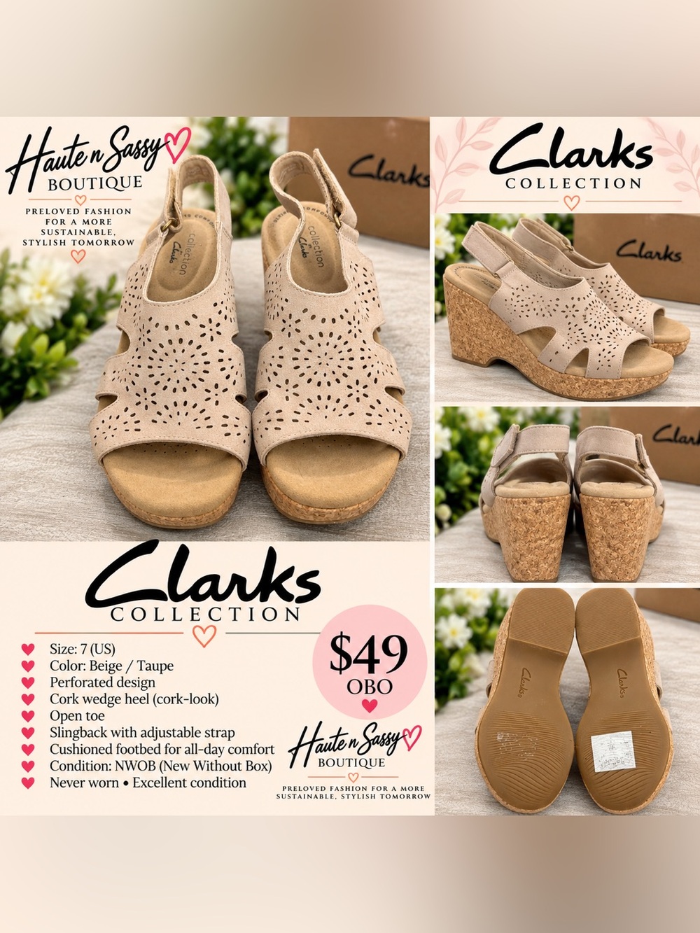 Clarks Collection Beige Cork Wedge Sandals — Size 7 NWOB